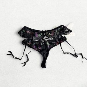 Fleur Du Mal Butterfly Embroidery Lace Panty and Garter in Black